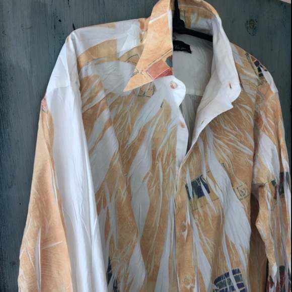 Italian tie-dye crinkle shirt - maize & white w/blue, green, terra cotta print - Picture 16 of 16